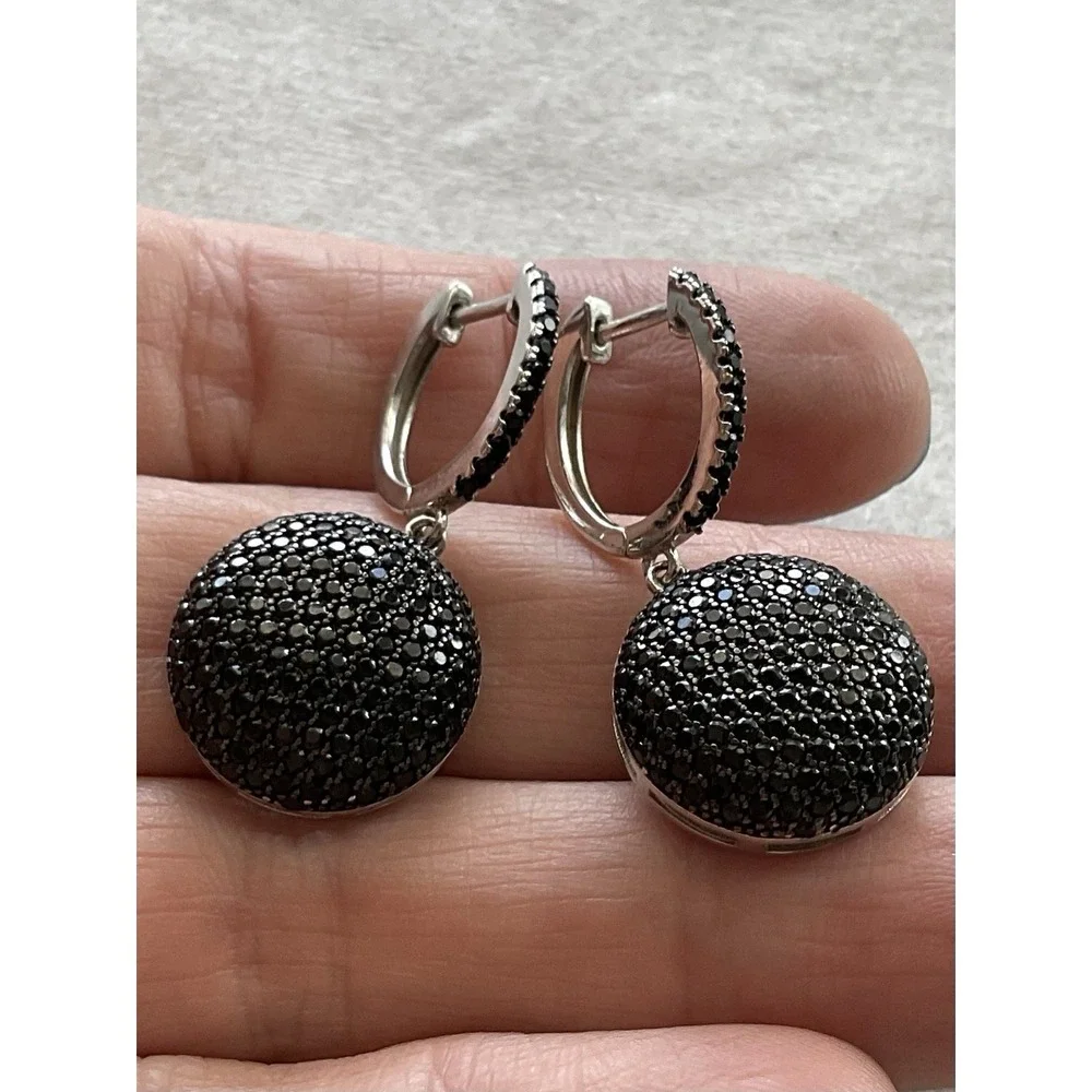 925 Sterling Silver Pave-set black spinel ball design Drop Earrings - Picture 7 of 9